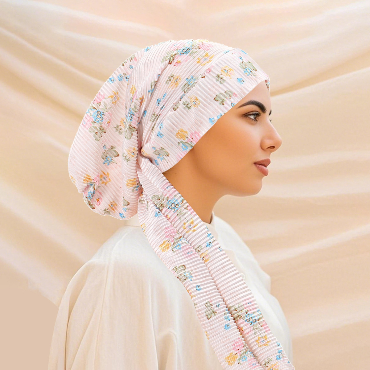 HZM-25458 Women Pre-Tied Long Tail Flower Turban Cap Muslim 