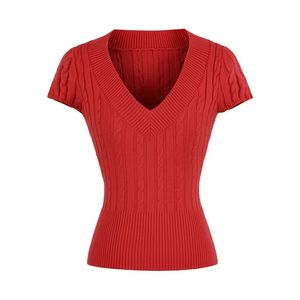 V-Neck Short-Sleeve Knit T-Shirt Top for Women Slim Fit Sexy/Versatile Style - Product Image 4