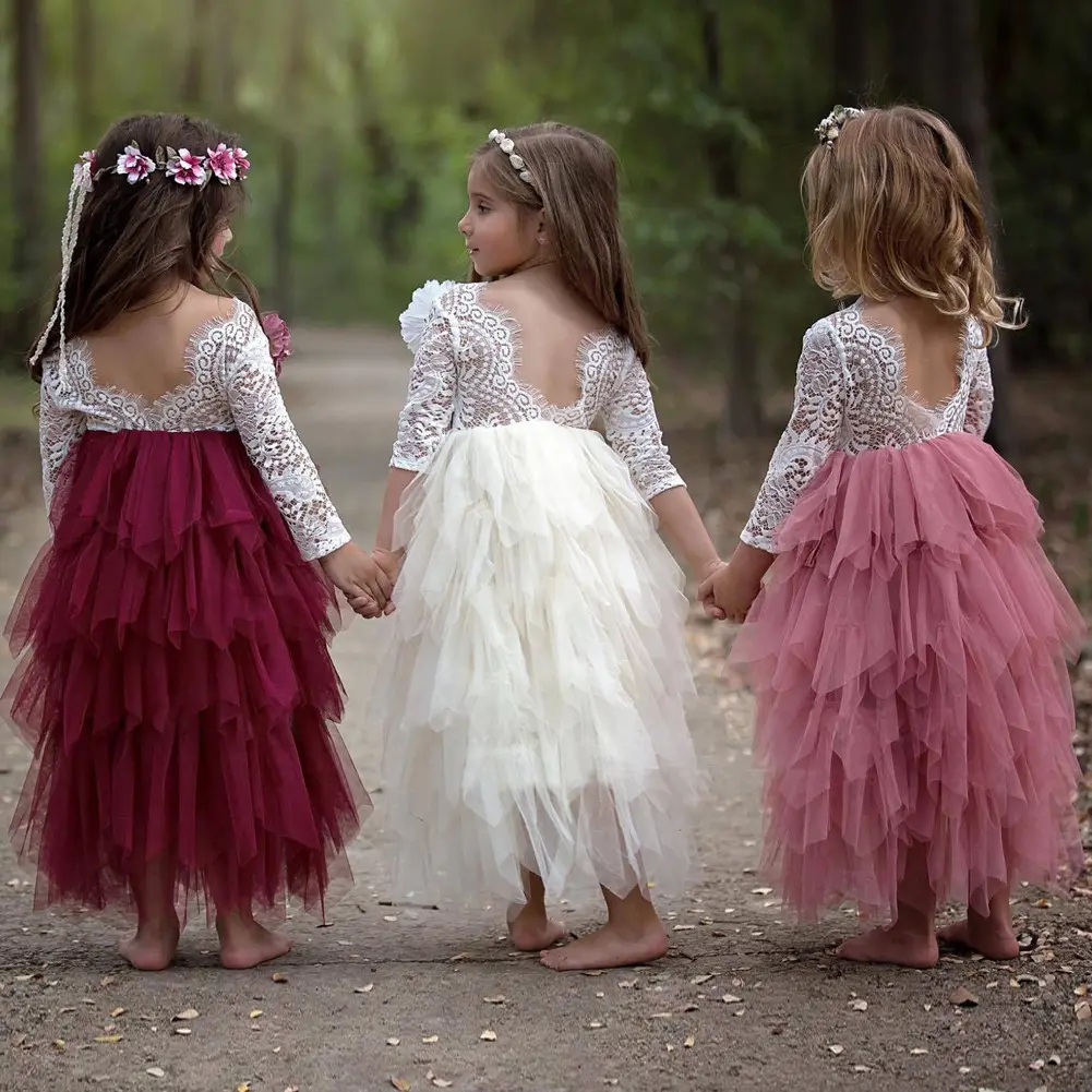 Hot Sale Lace Princess Girl Dress Long Sleeve Lovely Pink Girls tutu Dress Dress for Kids