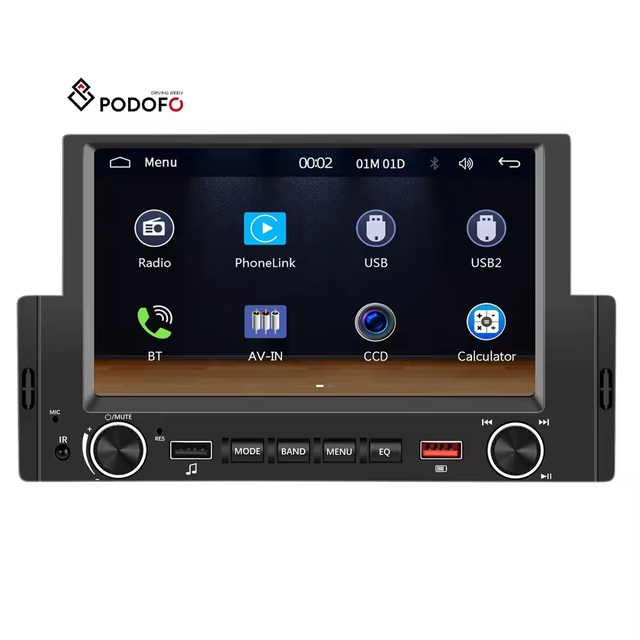 Podofo 1 Din 6.2'' Car Radio Wired CarPlay Android Auto Car MP5 Player BT FM USB Fast Charge External Microphone
