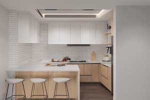 SANTOPOVA Modern L-Shaped Kitchen <b>Cabinets</b> with White Countertop and Light-Wood Finish - Product Image 4