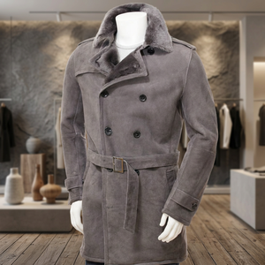 Men's Double Breasted Suede <b>Trench</b> <b>Coat</b> With Faux <b>Fur</b> Lining And Belt Winter Long Jacket Smart Casual Style - Product Image 2