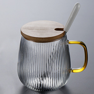 Taza de vidrio a rayas con tapa y cuchara, para uso en oficina, resistente al calor, diseño transparente - Product Image 2