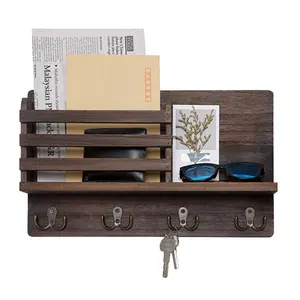 Porte-lettres <span class=keywords><strong>mural</strong></span> en bois avec 4 crochets doubles et une étagère flottante - Product Image 1