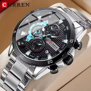 Montre à quartz pour homme en acier inoxydable 8402, style antique, chronographe lumineux, verre cristal, résistante à l'eau 30M, pour affaires - Product Image 1