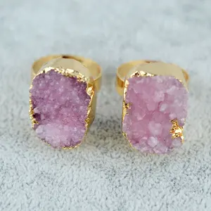 New arrival gold plated semi precious big pink druzy stone rings