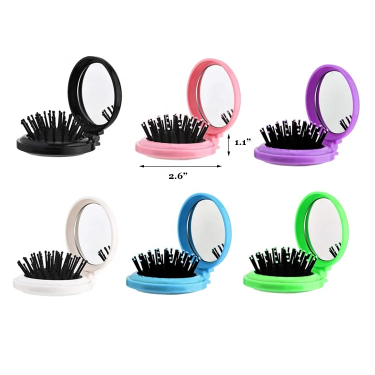 Custom Logo Plastic Detangling Massage Comb Children Travel Round Pop Up Mini Hairbrush Folding Pocket Hair Brush with Mirror