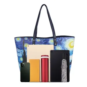 Oem and ODM factory Blue Starry Sky Reversible Tote Double sided print PU Leather woman hand bag designer Crossbody Bag