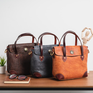 Genuine Leather Women's Tote <b>Bag</b> Vintage Style Magnetic Buckle Top-Grain Cowhide Horizontal Square Shoulder Crossbody <b>Bag</b> - Product Image 4
