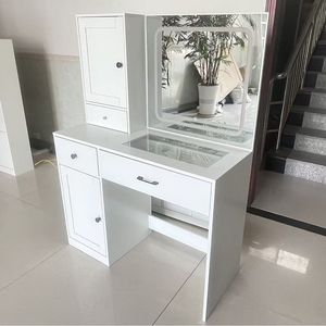 Bureau de maquillage en bois blanc personnalisé avec miroir LED et armoires de rangement - Product Image 2