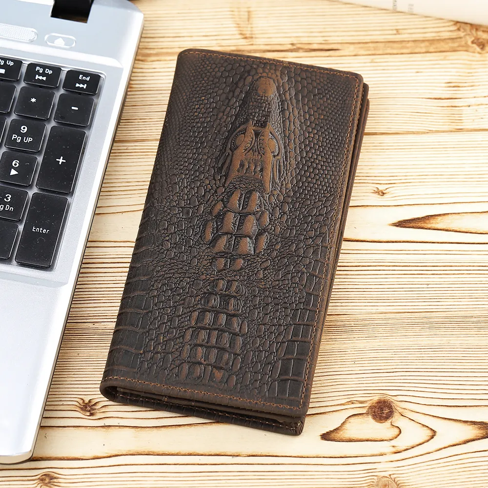 TIDING Dark Brown Bifold Full Grain Genuine Leather Wallet For Men Embossed Crocodile Textured Leather Long Wallet