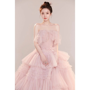 Pink Strapless Tulle Ball Gown Natural Waistline Wedding Dress For Studio Photography - Product Image 1