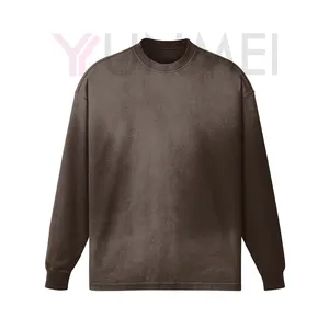 Custom Acid Stone Wash Vintage Effen Fit T-Shirt Katoen Lange Mouw Tshirt Gebleekt Zon Vervaagd Gescheurd T-Shirt Voor Sublimatie Mannen