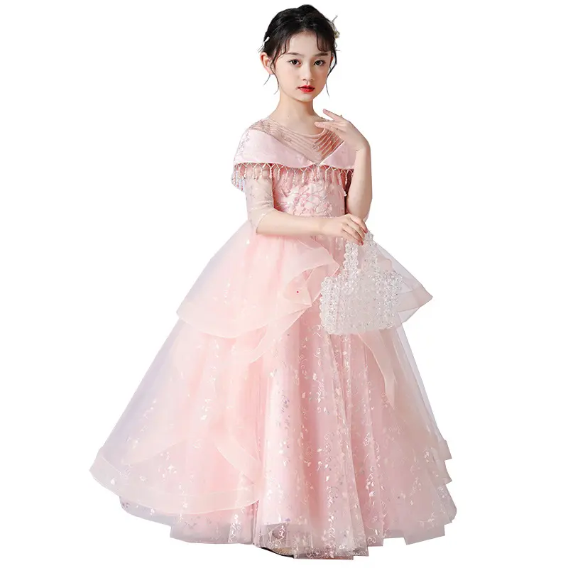 ピンクの女の子のイブニングドレスメッシュパフレースドレス半袖ホスト子供の日プリンセスウェディングドレスイベント用