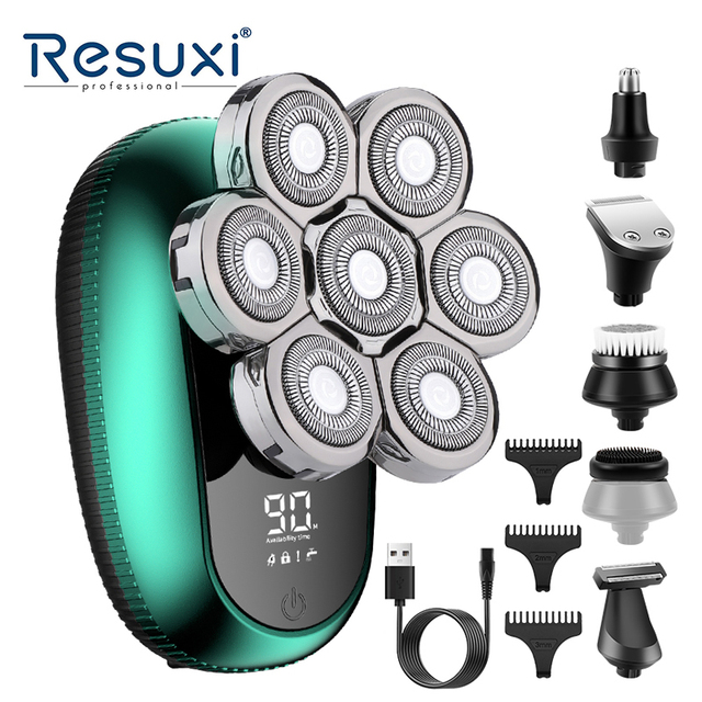 Resuxi LK-7520 LCD Display Portable Head Shaver 6 in 1 7D Electric Waterproof Rotary Shaver for Men Rechargeable