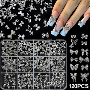 12Grirds 120 Pcs 3D Alliage Papillon Arc Ongles Strass Or Argent Ruban Noeuds Cravates Mixte DIY Nail Art Charmes Personnalisé - Product Image 3