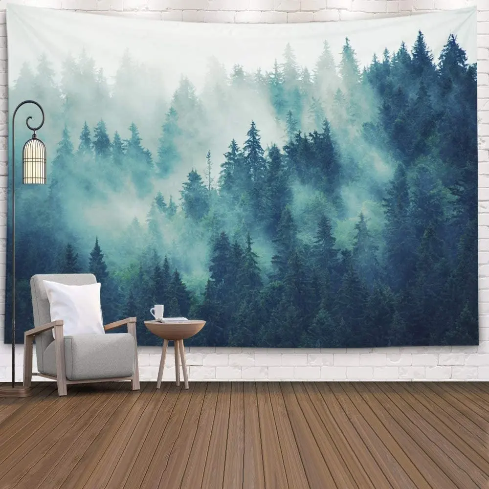 Custom Logo Design 80x60 Inches Home Decor Fog Mountain Forest Misty View Larch Mountain Tapestry Wall Art Tapestries Hanging