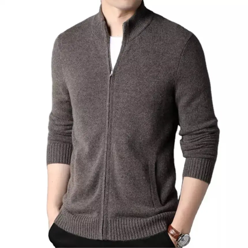 High quality customized luxury full zip solid knit cashmere sweater warm cashmere cardigan for men