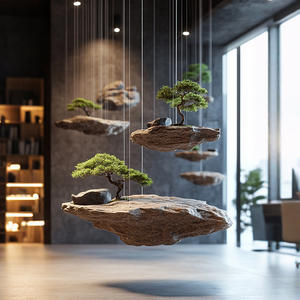 Смоделированный мечтательный зеленый плавучий остров с креативными рокариями и подвесными моховыми растениями, коммерческие украшения для окна сада - Product Image 6