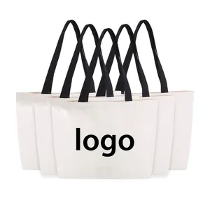 12 ऑउंस किराना बीच शॉपिंग बहुउद्देश्यीय धोने योग्य टोट काला हैंडल के साथ बड़ा सफेद कैनवास स्लिंग बैग
