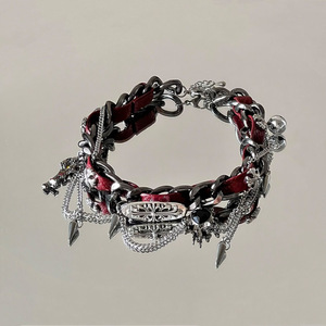 Trendy Y2K Red Leather with <strong>Black</strong> <strong>Heart</strong> &amp; Spike Charms Gothic Fashion Statement Necklace Jewelry Punk Layered Choker Necklace - Product Image 5