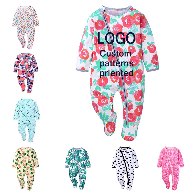 Macacão personalizado com zíper, novo estilo, macacão de bebê, estampado, macio, pijamas de cobertura com luvas