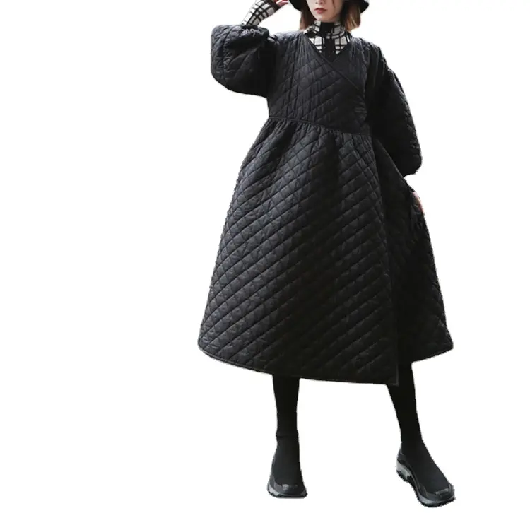 528 Oversize Cotton Coat Winter Vintage Lantern Sleeve Embossing Women's Long Korean Cotton Coat