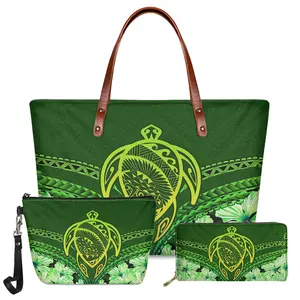 Polynesian Tribal Green Turtle Pattern Women Handbags and Cosmetic Bag Set 3pcs Ladies Top-handle Bags Leather Purse Soft Wallet