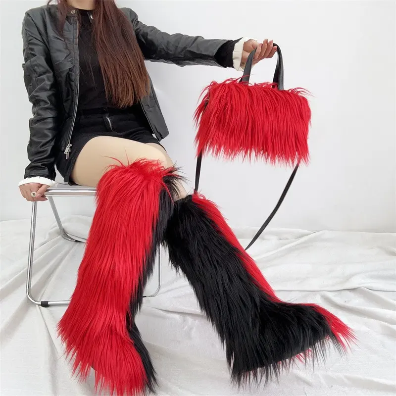 IDOIT Hot Selling Purses and Handbags Luxury Plush Fur Tote Bag Artificial Wool Slippers and Bags For Women Girls