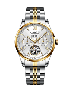 MIGE Men's <b>Automatic</b> Mechanical <b>Chronograph</b> Watch Stainless Steel Band 42mm Black Dial Luminous Hands Date Week Calendar - Product Image 2