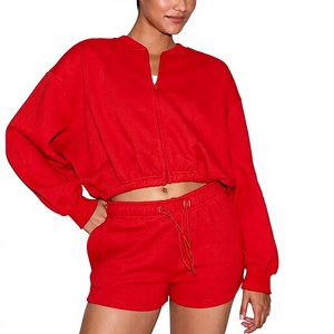 Wholesale Streetwear 300 GSM 100% Cotton Fleece Women's Oversized Full Zip Cropped Hoodie & <b>Sexy</b> Hot Shorts Lounge 2 Pieces <b>Set</b> - Product Image 1