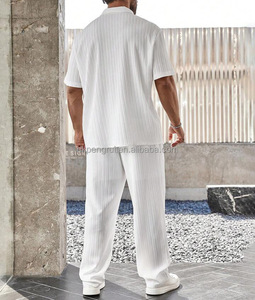 Breathable Vintage <b>Waffle</b> Knitted 100% Polyester Casual Men's Loose <b>Shirt</b> Sleeve Shorts Set Summer Two-piece Set - Product Image 4