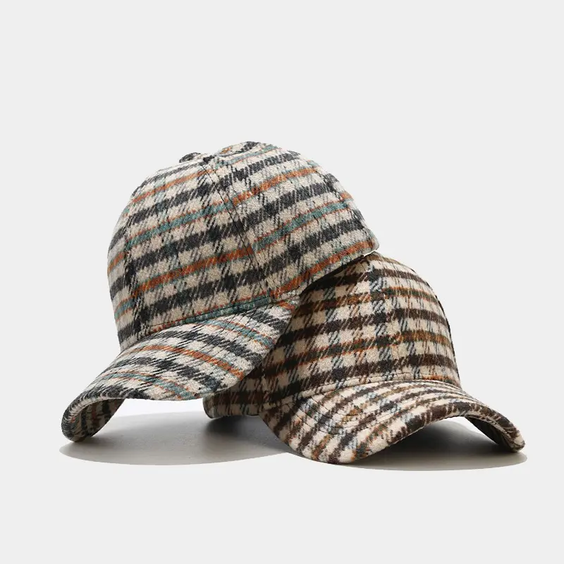 High quality wool felt winter thick tartan plaid checked 6 panel baseball cap hat