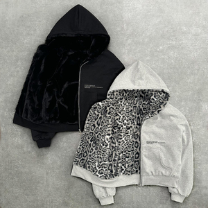 Sweat à capuche zippé unisexe en molleton imprimé léopard personnalisé, épais, avec impression sérigraphique et broderie, double couche, fermeture éclair réversible - Product Image 1
