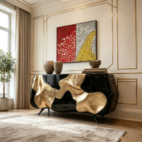 Buffet en fibre de verre avec incrustations dorées irrégulières, corps ondulé noir brillant, pieds en métal fins, armoire de rangement à 3 portes pour la maison