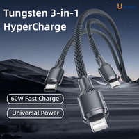 Kabel Data Pengisian Cepat 3-in-1 USB ke Tipe A, Tipe C, Lightning, Berbahan Nilon Kepang, Tersedia Kustomisasi