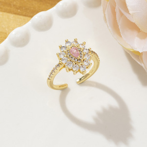 Vintage Halo Pink Pear Zircon Sunflower Open Adjustable <b>Ring</b> Gold Silver Plated Brass <b>Statement</b> <b>Rings</b> For Women - Product Image 2