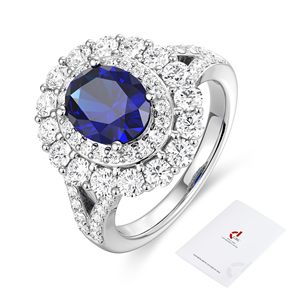 Bague en saphir de laboratoire sur mesure, prix d'usine, pavé latéral de diamants halo, or massif 14K CVD, pour fiançailles, mariage, cadeau. - Product Image 2