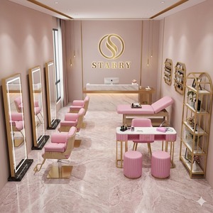 Juego de Muebles de Salón de Belleza Modernos, Duraderos y de Lujo en Oro Rosa con Espejo LED y Estaciones de Trabajo para Estilistas - Product Image 5