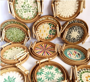 3Pcs Thiết Kế Sang Trọng Tự Nhiên Mây Seashell 22Cm 24Cm 28Cm Bàn Cà Phê Thực Phẩm Ăn Nhẹ Trái Cây Phục Vụ Khay Với Tay Cầm Bằng Gỗ - Product Image 5