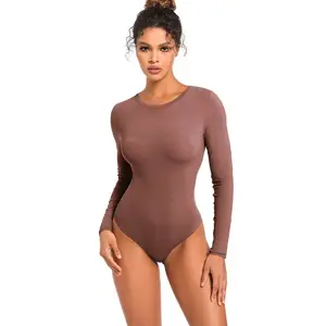 Body de uma peça sem costura Bbl mais recente design sexy blusa de cor sólida gola redonda respirável para mulheres