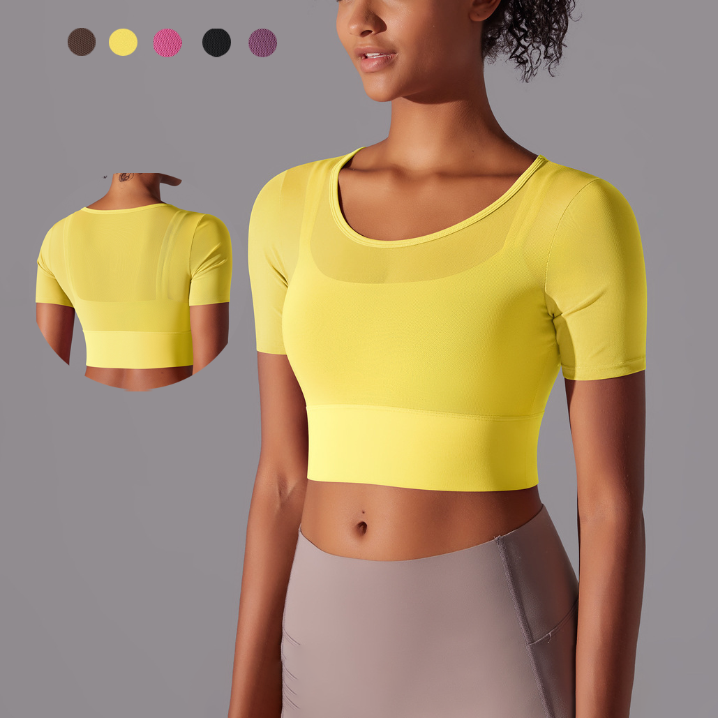 Two-layer Tops Workout Running for Women Short Sleeves O-Neck Girls Yoga Crop Tops Mesh Soft Gym Fitness Tops for Women