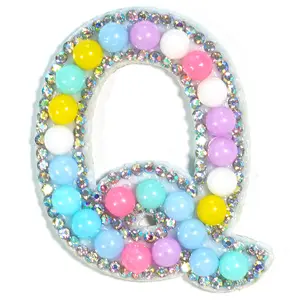 Macaroon Color Round Beads Rhinestone Words Iron On Patches Applique Alphabet 3D Handmade Patch Initial Letter Patches