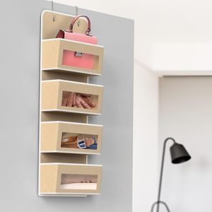 Organizador de almacenamiento para colgar sobre la puerta con 4 bolsillos, color beige, para habitación de bebé, con ventanas transparentes para pañales y juguetes. - Product Image 6