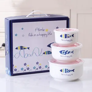 gift box cheap colorful kitchen accessories fruit food 3 pcs hand painted porcelain ceramic storage bowl set with lid