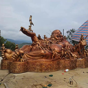 Sculpture de Bouddha Maitreya en fibre de verre sur mesure, grande taille, finition bronze, avec figurine de cent enfants jouant, à poser au sol - Product Image 3