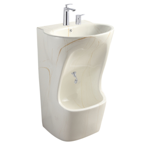 Lavabo Moderno Doppio per Bagno in Ceramica Bianca con Piedistallo e Top in Marmo Dorato, Lavabo Musulmano Wudu - Product Image 4
