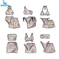 OEM Europese Amerikaanse Pure Desire Rozen Bloemprint Bikiniset Kruis Halter Tie Split Zwemrok Strandvakantie Zwemkleding Aanbod