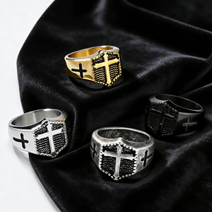 Anillos de Dedo Religiosos de Acero Inoxidable con Ondas Cruzadas Vintage al por Mayor, Chapados en Oro de 18k, Joyería Hip Hop para Hombre - Product Image 1
