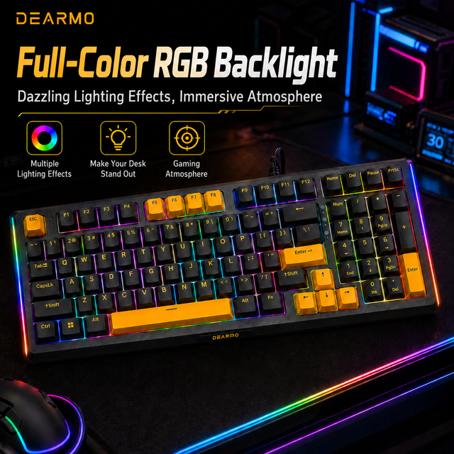 F99 Wired Mechanical Gaming 97Keys Layout Hot Swappable RGB Backlit PBT Keycaps Ergonomic Office Game USB for PC Computer Gamers